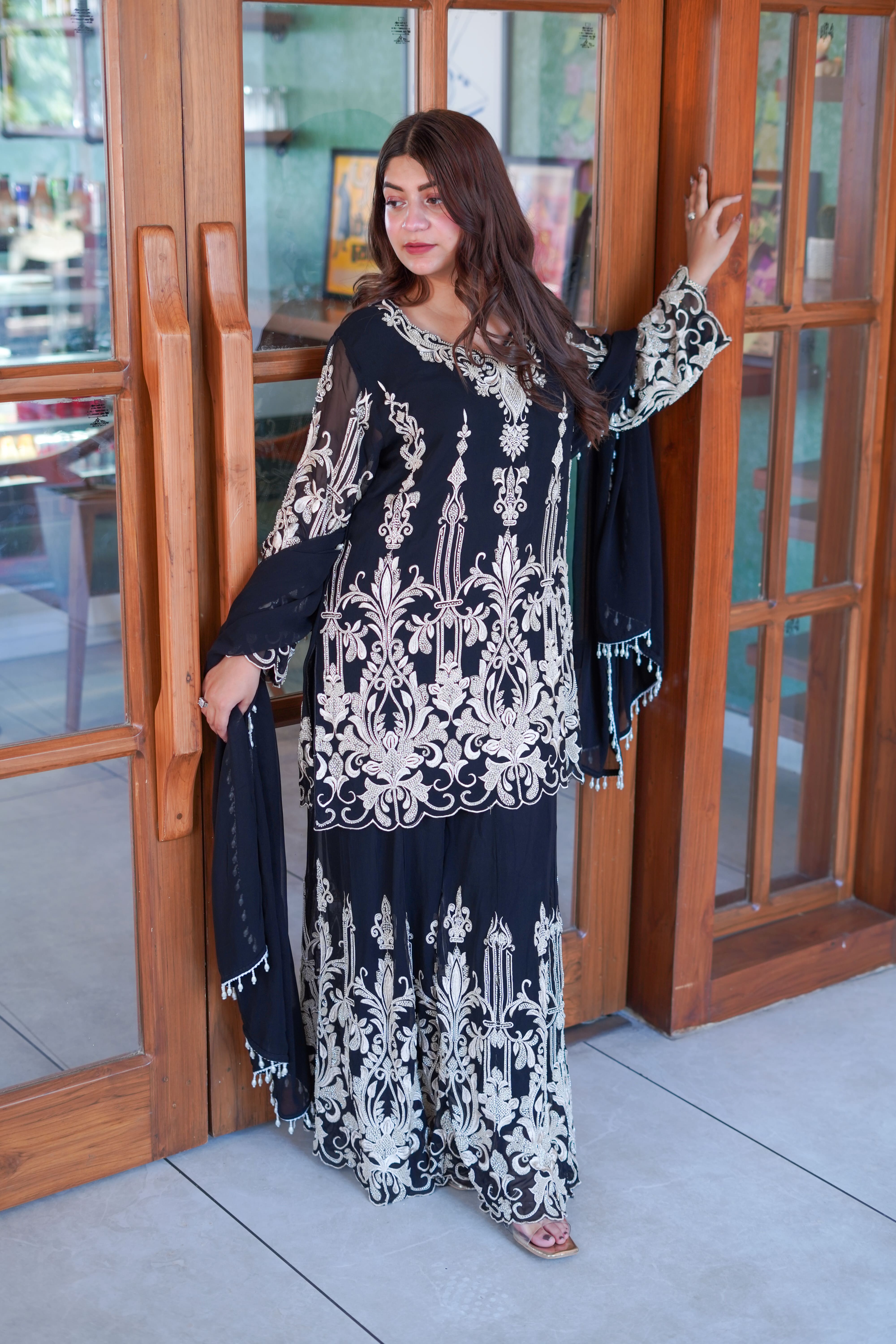 Pearl Grace Hand-Embroidered Sharara Set